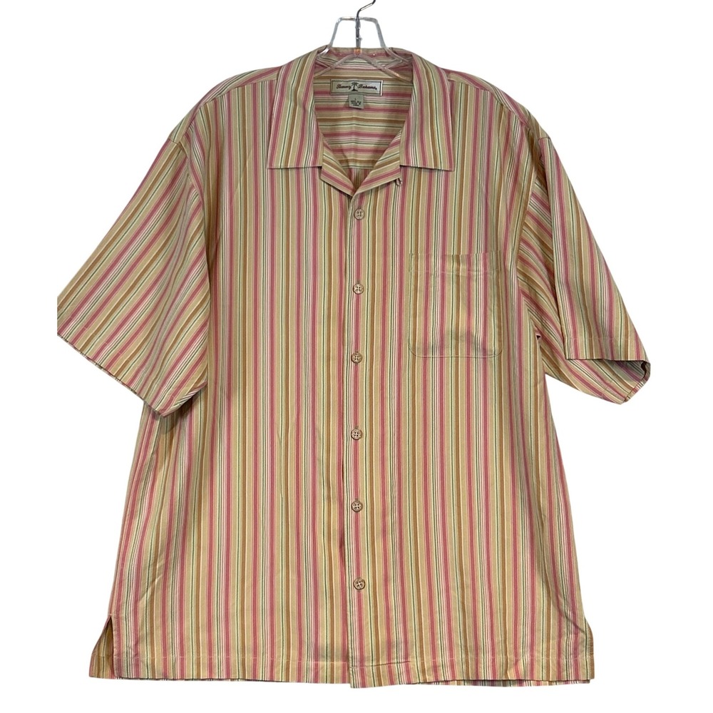 Tommy Bahama Mens Large 100% Silk Short Sleeve Striped Camp Shirt Resortwear